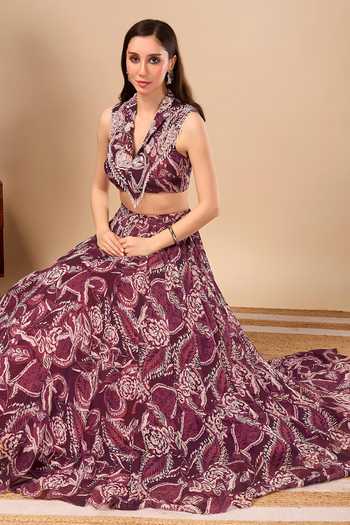 Damoiselle_Wine Georgette, Shantoon Collared Neck Paisley Print Lehenga Blouse Set _at_Aza_Fashions