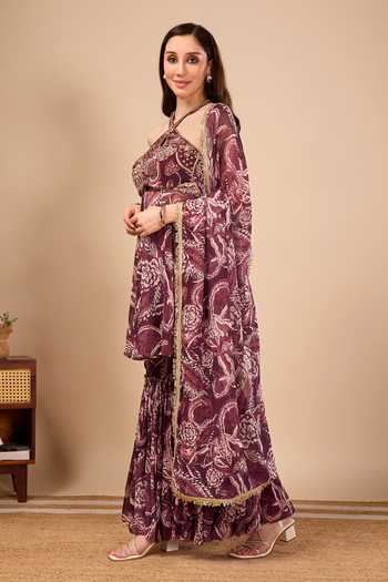 Damoiselle_Wine Georgette, Shantoon Halter Neck Paisley Print Tunic Set _Online_at_Aza_Fashions