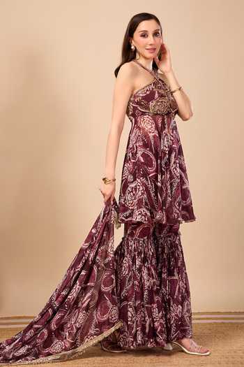 Shop_Damoiselle_Wine Georgette, Shantoon Halter Neck Paisley Print Tunic Set _Online_at_Aza_Fashions
