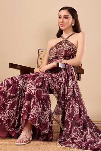 Damoiselle_Wine Georgette, Shantoon Halter Neck Paisley Print Tunic Set _at_Aza_Fashions