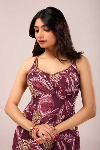 Buy_Damoiselle_Wine Georgette, Shantoon Scoop Neck Hand Paisley Print Kurta Set 