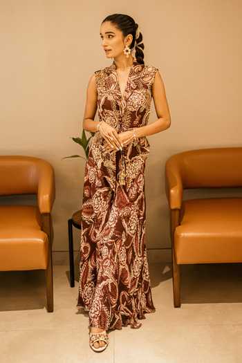 Buy_Damoiselle_Wine Georgette, Shantoon V-neck Paisley Print Tunic And Flared Pant Set _Online_at_Aza_Fashions