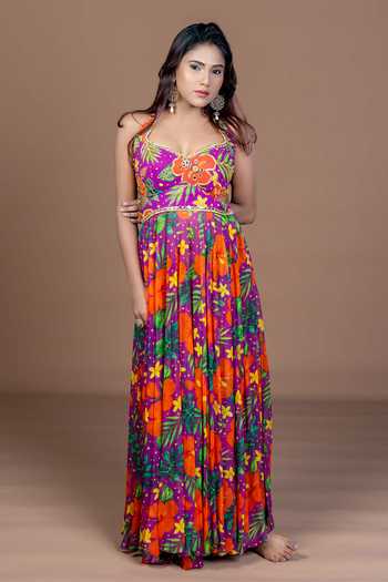 Damoiselle Purple Georgette, Shantoon V-neck Floral Print Anarkali With Dupatta Online at Aza Fashions Damoiselle_Purple Georgette, Shantoon V-neck Floral Print Anarkali With Dupatta _Online_at_Aza_Fashions