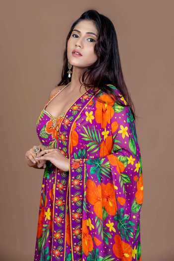 Buy Damoiselle Purple Georgette, Shantoon V-neck Floral Print Anarkali With Dupatta Online at Aza Fashions Buy_Damoiselle_Purple Georgette, Shantoon V-neck Floral Print Anarkali With Dupatta _Online_at_Aza_Fashions