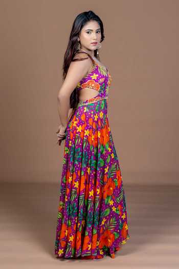 Shop Damoiselle Purple Georgette, Shantoon V-neck Floral Print Anarkali With Dupatta Online at Aza Fashions Shop_Damoiselle_Purple Georgette, Shantoon V-neck Floral Print Anarkali With Dupatta _Online_at_Aza_Fashions