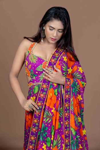 Damoiselle Purple Georgette, Shantoon V-neck Floral Print Anarkali With Dupatta at Aza Fashions Damoiselle_Purple Georgette, Shantoon V-neck Floral Print Anarkali With Dupatta _at_Aza_Fashions