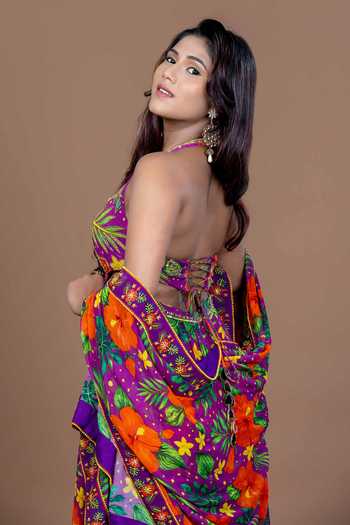 Buy Damoiselle Purple Georgette, Shantoon V-neck Floral Print Anarkali With Dupatta Buy_Damoiselle_Purple Georgette, Shantoon V-neck Floral Print Anarkali With Dupatta