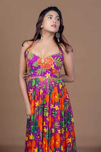 Shop Damoiselle Purple Georgette, Shantoon V-neck Floral Print Anarkali With Dupatta Shop_Damoiselle_Purple Georgette, Shantoon V-neck Floral Print Anarkali With Dupatta