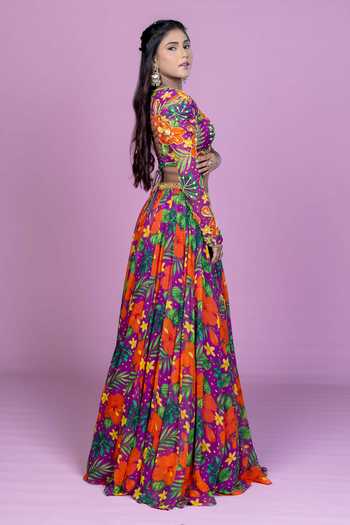 Damoiselle Purple Georgette, Shantoon Round Neck Floral Print Blouse And Lehenga Set Online at Aza Fashions Damoiselle_Purple Georgette, Shantoon Round Neck Floral Print Blouse And Lehenga Set _Online_at_Aza_Fashions