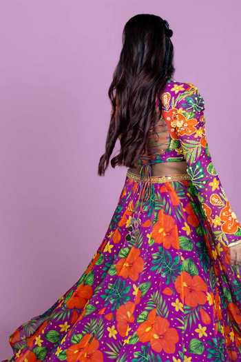 Shop Damoiselle Purple Georgette, Shantoon Round Neck Floral Print Blouse And Lehenga Set Online at Aza Fashions Shop_Damoiselle_Purple Georgette, Shantoon Round Neck Floral Print Blouse And Lehenga Set _Online_at_Aza_Fashions