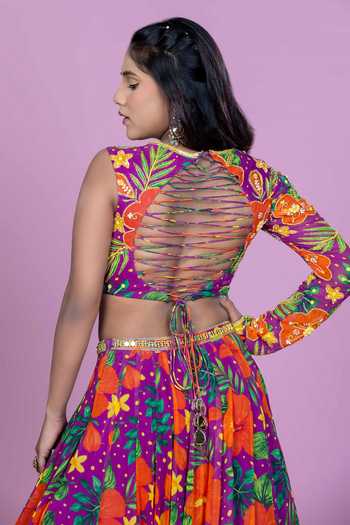 Damoiselle Purple Georgette, Shantoon Round Neck Floral Print Blouse And Lehenga Set at Aza Fashions Damoiselle_Purple Georgette, Shantoon Round Neck Floral Print Blouse And Lehenga Set _at_Aza_Fashions
