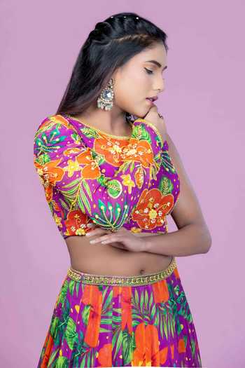Buy Damoiselle Purple Georgette, Shantoon Round Neck Floral Print Blouse And Lehenga Set Buy_Damoiselle_Purple Georgette, Shantoon Round Neck Floral Print Blouse And Lehenga Set