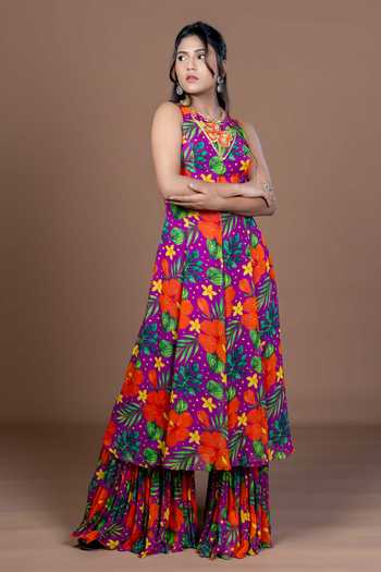Damoiselle_Purple Georgette, Shantoon Round Neck Floral Print Kurta Sharara Set _Online_at_Aza_Fashions