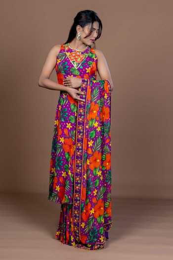 Buy_Damoiselle_Purple Georgette, Shantoon Round Neck Floral Print Kurta Sharara Set _Online_at_Aza_Fashions