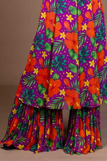 Damoiselle_Purple Georgette, Shantoon Round Neck Floral Print Kurta Sharara Set _at_Aza_Fashions