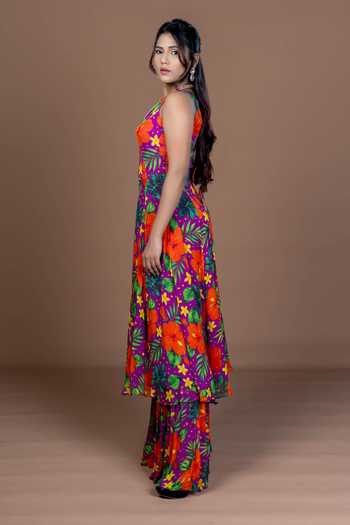 Buy_Damoiselle_Purple Georgette, Shantoon Round Neck Floral Print Kurta Sharara Set 