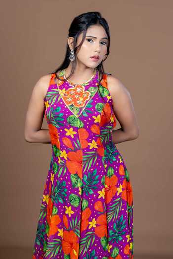Shop_Damoiselle_Purple Georgette, Shantoon Round Neck Floral Print Kurta Sharara Set 