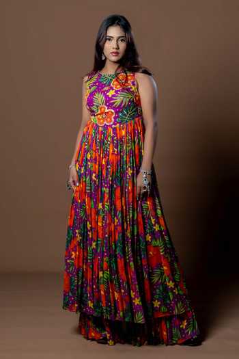Damoiselle_Purple Georgette, Shantoon Round Neck Tropical Print Anarkali And Sharara Set _Online_at_Aza_Fashions