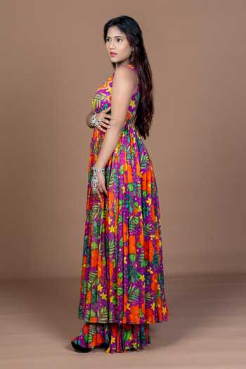 Buy_Damoiselle_Purple Georgette, Shantoon Round Neck Tropical Print Anarkali And Sharara Set _Online_at_Aza_Fashions