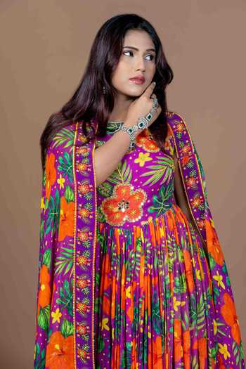 Shop_Damoiselle_Purple Georgette, Shantoon Round Neck Tropical Print Anarkali And Sharara Set _Online_at_Aza_Fashions