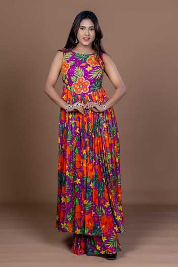 Buy_Damoiselle_Purple Georgette, Shantoon Round Neck Tropical Print Anarkali And Sharara Set 