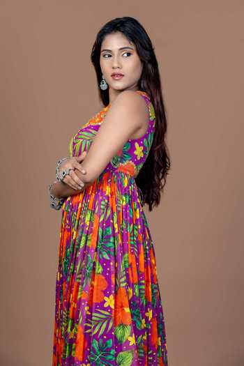 Shop_Damoiselle_Purple Georgette, Shantoon Round Neck Tropical Print Anarkali And Sharara Set 