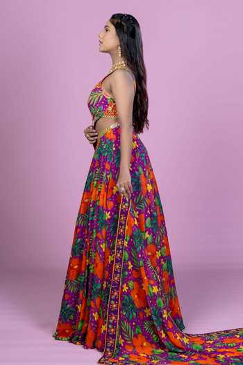Damoiselle_Purple Georgette, Shantoon V-neck Tropical Print Lehenga Set _Online_at_Aza_Fashions