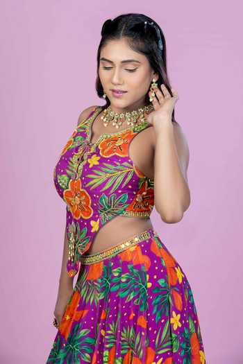 Buy_Damoiselle_Purple Georgette, Shantoon V-neck Tropical Print Lehenga Set _Online_at_Aza_Fashions