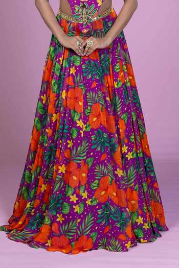 Shop_Damoiselle_Purple Georgette, Shantoon V-neck Tropical Print Lehenga Set _Online_at_Aza_Fashions