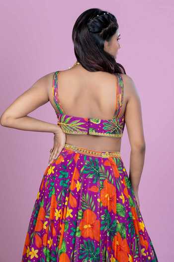 Damoiselle_Purple Georgette, Shantoon V-neck Tropical Print Lehenga Set _at_Aza_Fashions