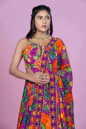 Buy_Damoiselle_Purple Georgette, Shantoon V-neck Tropical Print Lehenga Set 