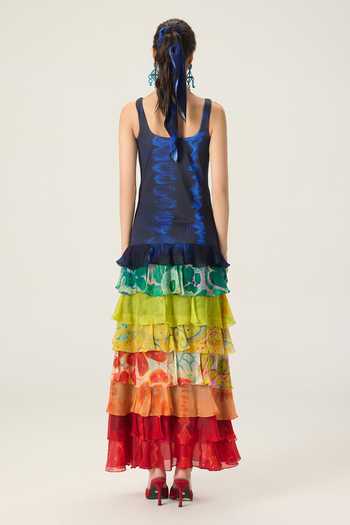 Shop Saaksha & Kinni Multi Color Chiffon, Lycra, Jersey Scoop Neck Dallas Tiered Printed Dress at Aza Fashions Shop_Saaksha & Kinni_Multi Color Chiffon, Lycra, Jersey Scoop Neck Dallas Tiered Printed Dress _at_Aza_Fashions