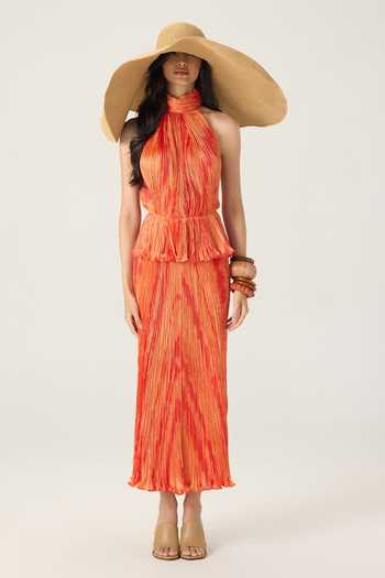Shop Saaksha & Kinni Orange Chiffon Halter Neck Kennedy Leheriya Print Maxi Dress Online at Aza Fashions Shop_Saaksha & Kinni_Orange Chiffon Halter Neck Kennedy Leheriya Print Maxi Dress _Online_at_Aza_Fashions