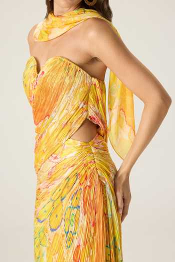 Shop Saaksha & Kinni Yellow Chiffon Sweetheart Neck Daleyza Printed Pleated Dress Online at Aza Fashions Shop_Saaksha & Kinni_Yellow Chiffon Sweetheart Neck Daleyza Printed Pleated Dress _Online_at_Aza_Fashions