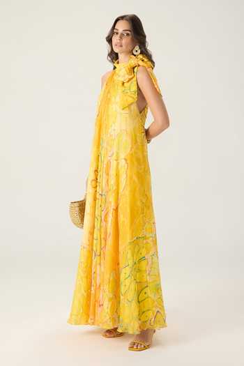 Saaksha & Kinni Yellow Chiffon Halter Neck Natalia Floral Print Dress Online at Aza Fashions Saaksha & Kinni_Yellow Chiffon Halter Neck Natalia Floral Print Dress _Online_at_Aza_Fashions