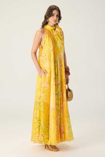 Buy Saaksha & Kinni Yellow Chiffon Halter Neck Natalia Floral Print Dress Online at Aza Fashions Buy_Saaksha & Kinni_Yellow Chiffon Halter Neck Natalia Floral Print Dress _Online_at_Aza_Fashions