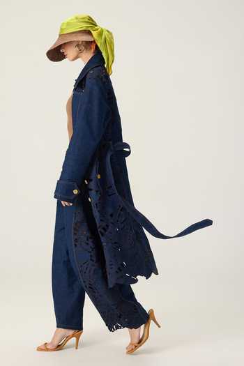 Saaksha & Kinni Blue Denim Georgina Hand Embroidered Trench Coat Online at Aza Fashions Saaksha & Kinni_Blue Denim Georgina Hand Embroidered Trench Coat _Online_at_Aza_Fashions