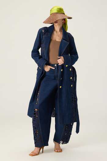 Buy Saaksha & Kinni Blue Denim Georgina Hand Embroidered Trench Coat Online at Aza Fashions Buy_Saaksha & Kinni_Blue Denim Georgina Hand Embroidered Trench Coat _Online_at_Aza_Fashions