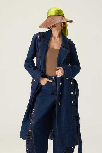Shop Saaksha & Kinni Blue Denim Georgina Hand Embroidered Trench Coat Online at Aza Fashions Shop_Saaksha & Kinni_Blue Denim Georgina Hand Embroidered Trench Coat _Online_at_Aza_Fashions