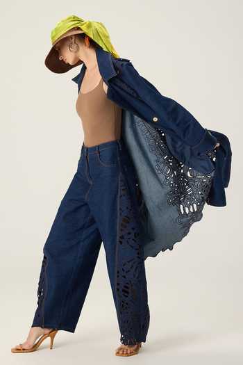 Saaksha & Kinni Blue Denim Georgina Hand Embroidered Trench Coat at Aza Fashions Saaksha & Kinni_Blue Denim Georgina Hand Embroidered Trench Coat _at_Aza_Fashions