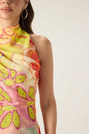 Saaksha & Kinni Multi Color Chiffon Halter Neck Bernadette Floral Print Dress Online at Aza Fashions Saaksha & Kinni_Multi Color Chiffon Halter Neck Bernadette Floral Print Dress _Online_at_Aza_Fashions