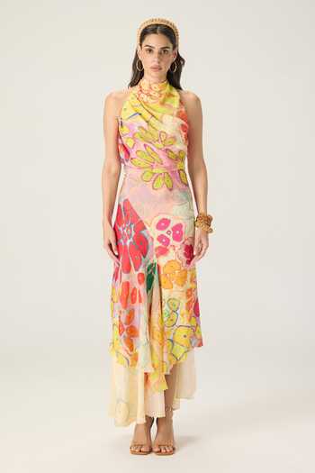 Shop Saaksha & Kinni Multi Color Chiffon Halter Neck Bernadette Floral Print Dress Online at Aza Fashions Shop_Saaksha & Kinni_Multi Color Chiffon Halter Neck Bernadette Floral Print Dress _Online_at_Aza_Fashions