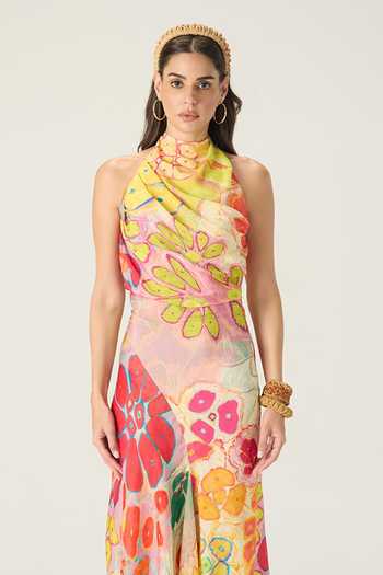 Saaksha & Kinni Multi Color Chiffon Halter Neck Bernadette Floral Print Dress at Aza Fashions Saaksha & Kinni_Multi Color Chiffon Halter Neck Bernadette Floral Print Dress _at_Aza_Fashions