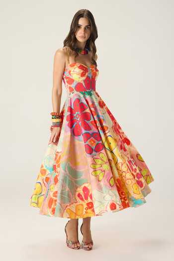 Buy Saaksha & Kinni Multi Color Cotton Sweetheart Neck Marilyn Floral Print Dress Buy_Saaksha & Kinni_Multi Color Cotton Sweetheart Neck Marilyn Floral Print Dress