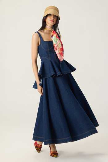 Saaksha & Kinni Blue Denim Square Neck Peni Peplum Top Online at Aza Fashions Saaksha & Kinni_Blue Denim Square Neck Peni Peplum Top _Online_at_Aza_Fashions