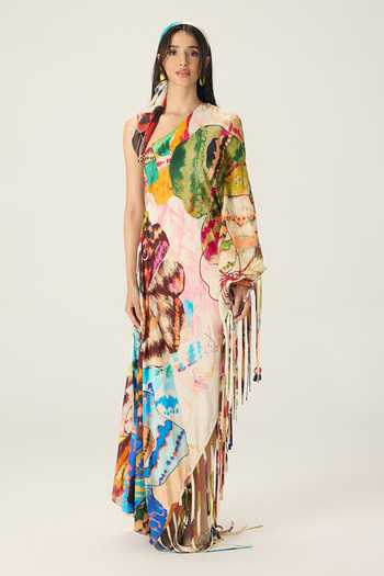 Saaksha & Kinni Multi Color Asymmetric Neck, One Shoulder Elmina Floral Print Kaftan Online at Aza Fashions Saaksha & Kinni_Multi Color Asymmetric Neck, One Shoulder Elmina Floral Print Kaftan _Online_at_Aza_Fashions