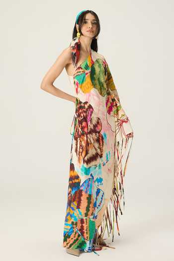 Saaksha & Kinni Multi Color Asymmetric Neck, One Shoulder Elmina Floral Print Kaftan at Aza Fashions Saaksha & Kinni_Multi Color Asymmetric Neck, One Shoulder Elmina Floral Print Kaftan _at_Aza_Fashions