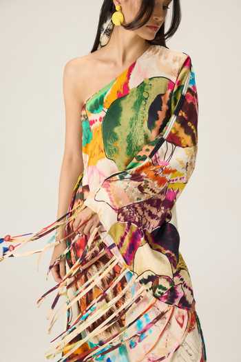 Buy Saaksha & Kinni Multi Color Asymmetric Neck, One Shoulder Elmina Floral Print Kaftan Buy_Saaksha & Kinni_Multi Color Asymmetric Neck, One Shoulder Elmina Floral Print Kaftan