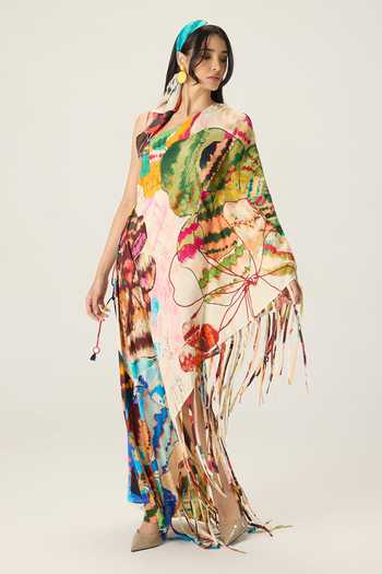Shop Saaksha & Kinni Multi Color Asymmetric Neck, One Shoulder Elmina Floral Print Kaftan Shop_Saaksha & Kinni_Multi Color Asymmetric Neck, One Shoulder Elmina Floral Print Kaftan