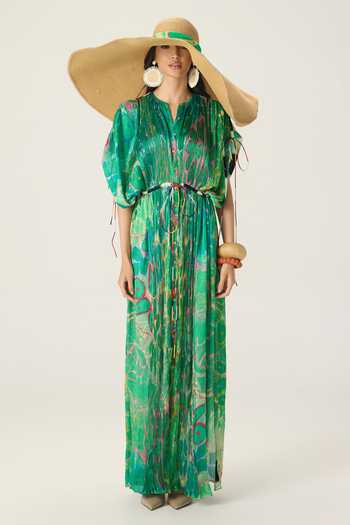 Saaksha & Kinni Green Chiffon Split V-neck Sasha Floral Print Kaftan Online at Aza Fashions Saaksha & Kinni_Green Chiffon Split V-neck Sasha Floral Print Kaftan _Online_at_Aza_Fashions